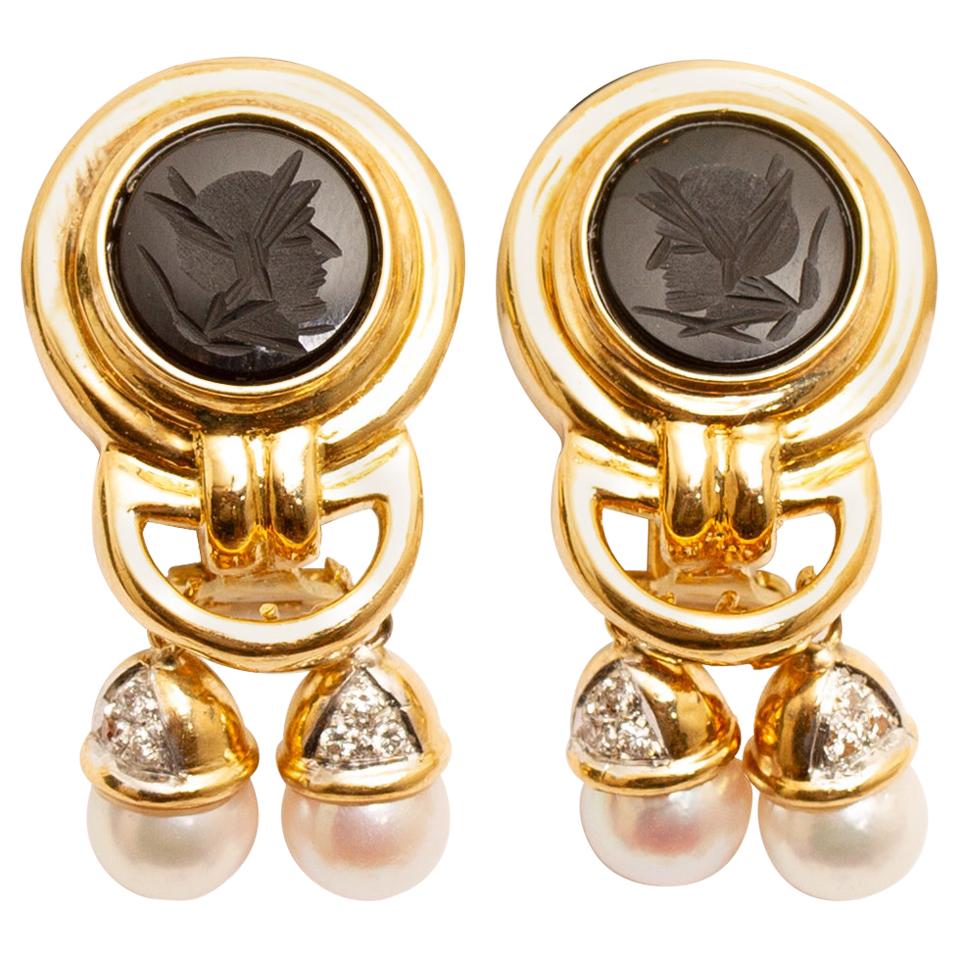 14 Karat Yellow Gold Cultured Pearl, Diamond and Black Onyx Intaglio Earrings