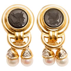 14 Karat Yellow Gold Cultured Pearl, Diamond and Black Onyx Intaglio Earrings