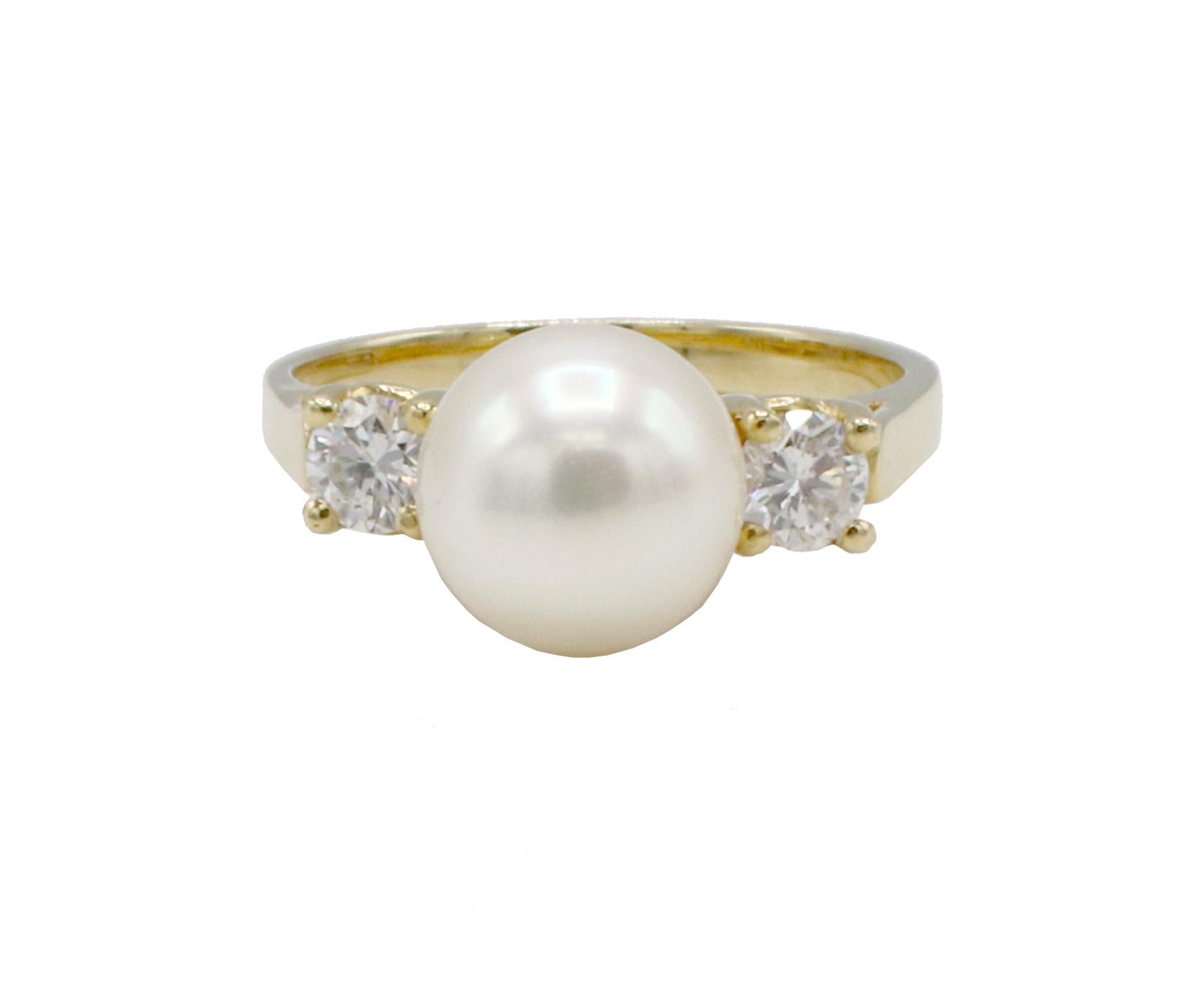 14 Karat Yellow Gold Cultured Pearl & Diamond Cocktail Ring 
Metal: 14k yellow gold
Weight: 4.26 grams
Diamonds: Approx. .40 CTW G-H VS round diamonds
Size: 7.25 (US)
Height: 11mm
Band width: 2mm
