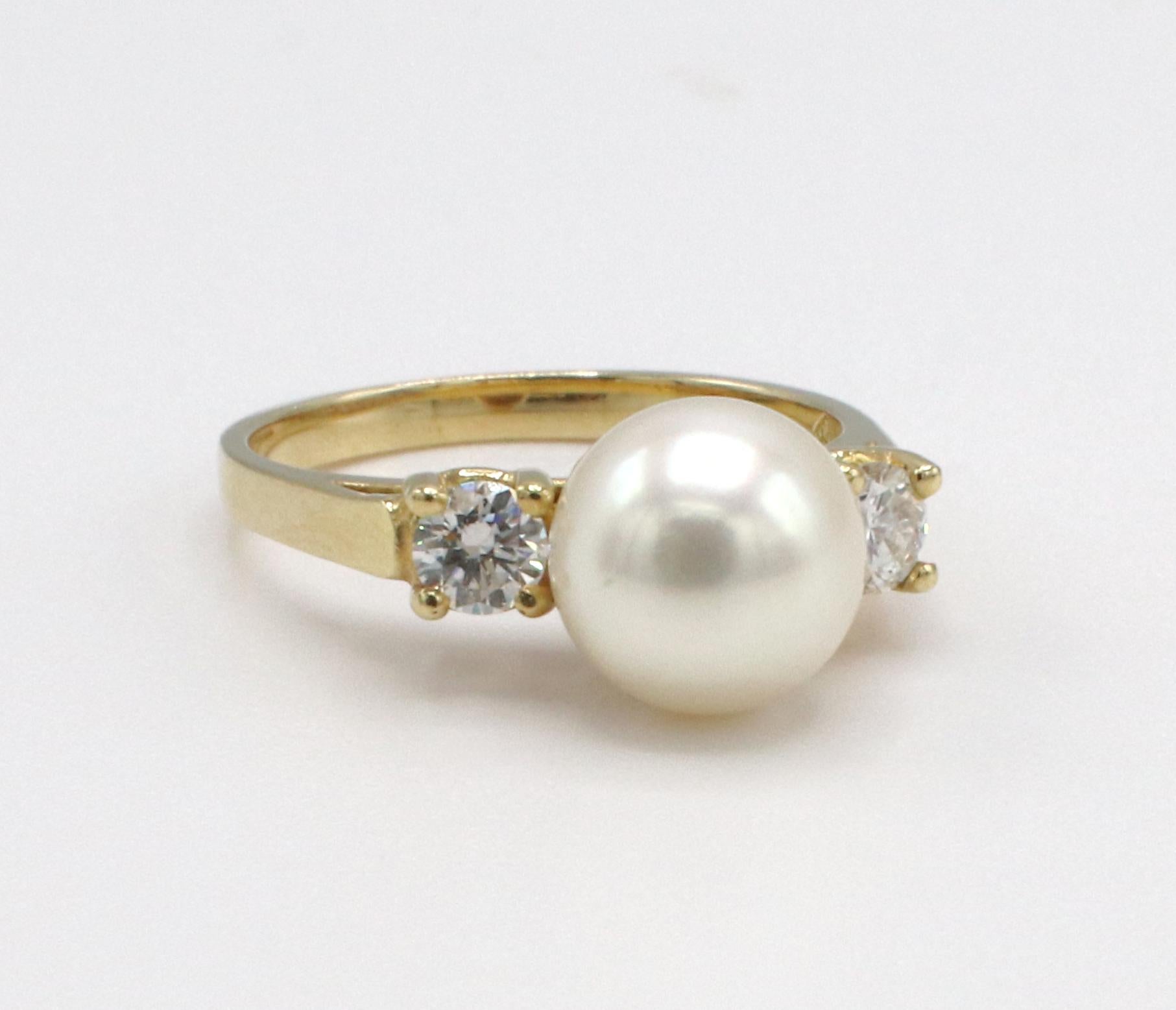 Modern 14 Karat Yellow Gold Cultured Pearl & Diamond Cocktail Ring