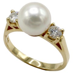 14 Karat Yellow Gold Cultured Pearl & Diamond Cocktail Ring