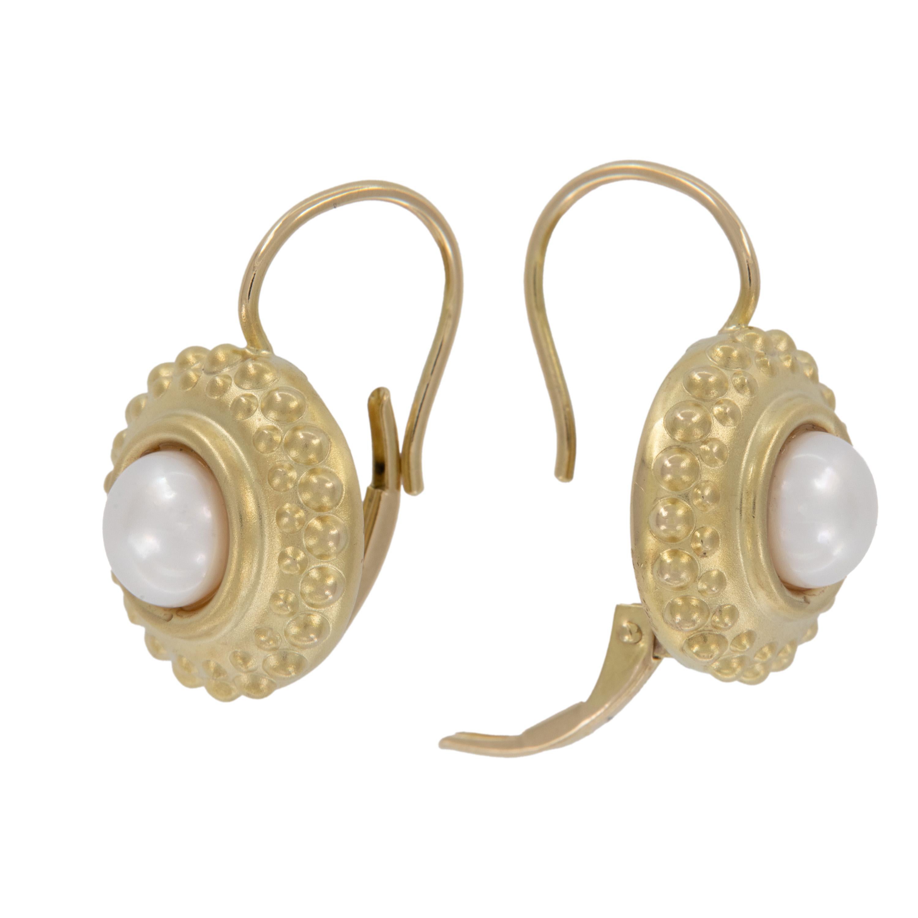Byzantine 14 Karat Yellow Gold Cultured Pearl Drop Earrings For Sale