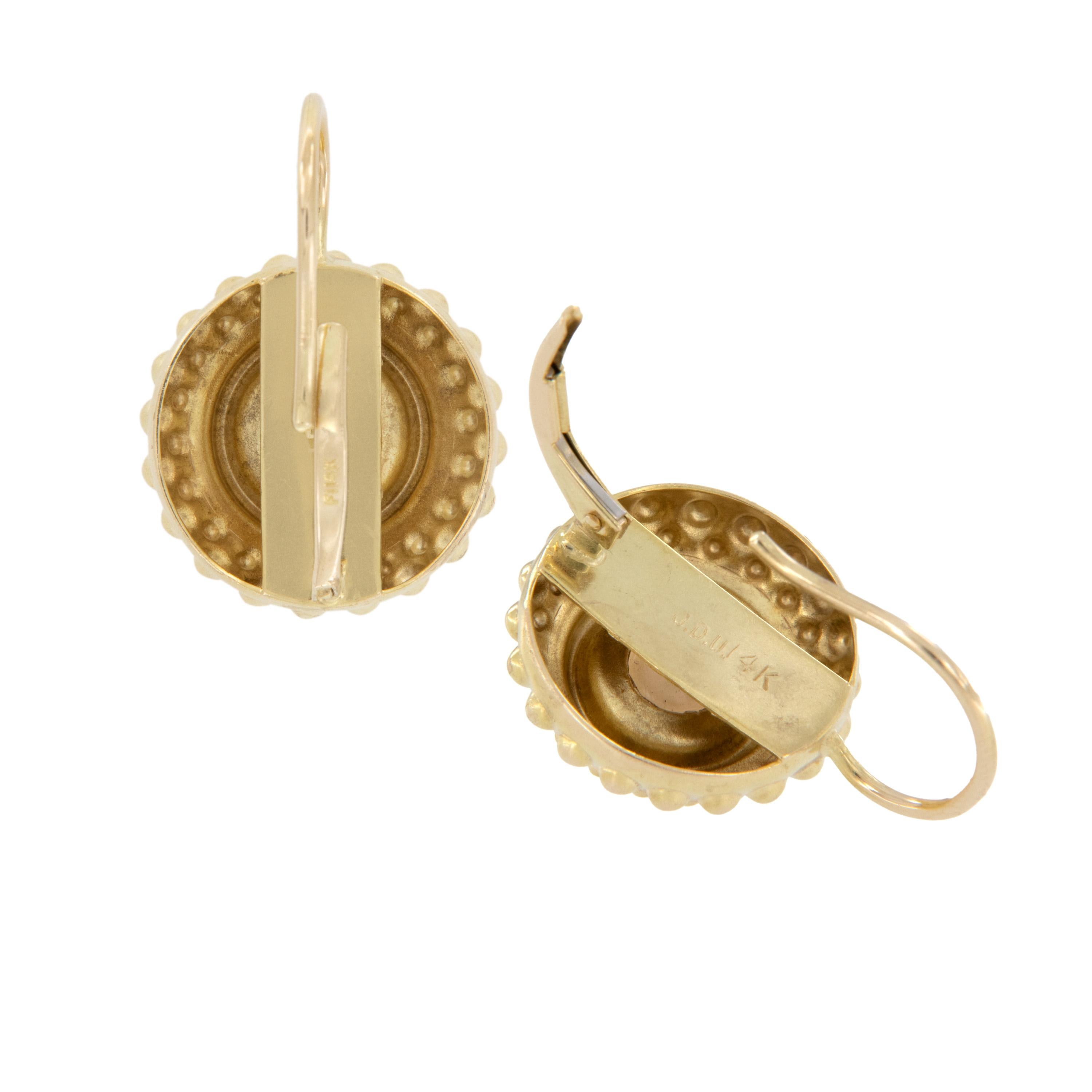 Round Cut 14 Karat Yellow Gold Cultured Pearl Drop Earrings For Sale