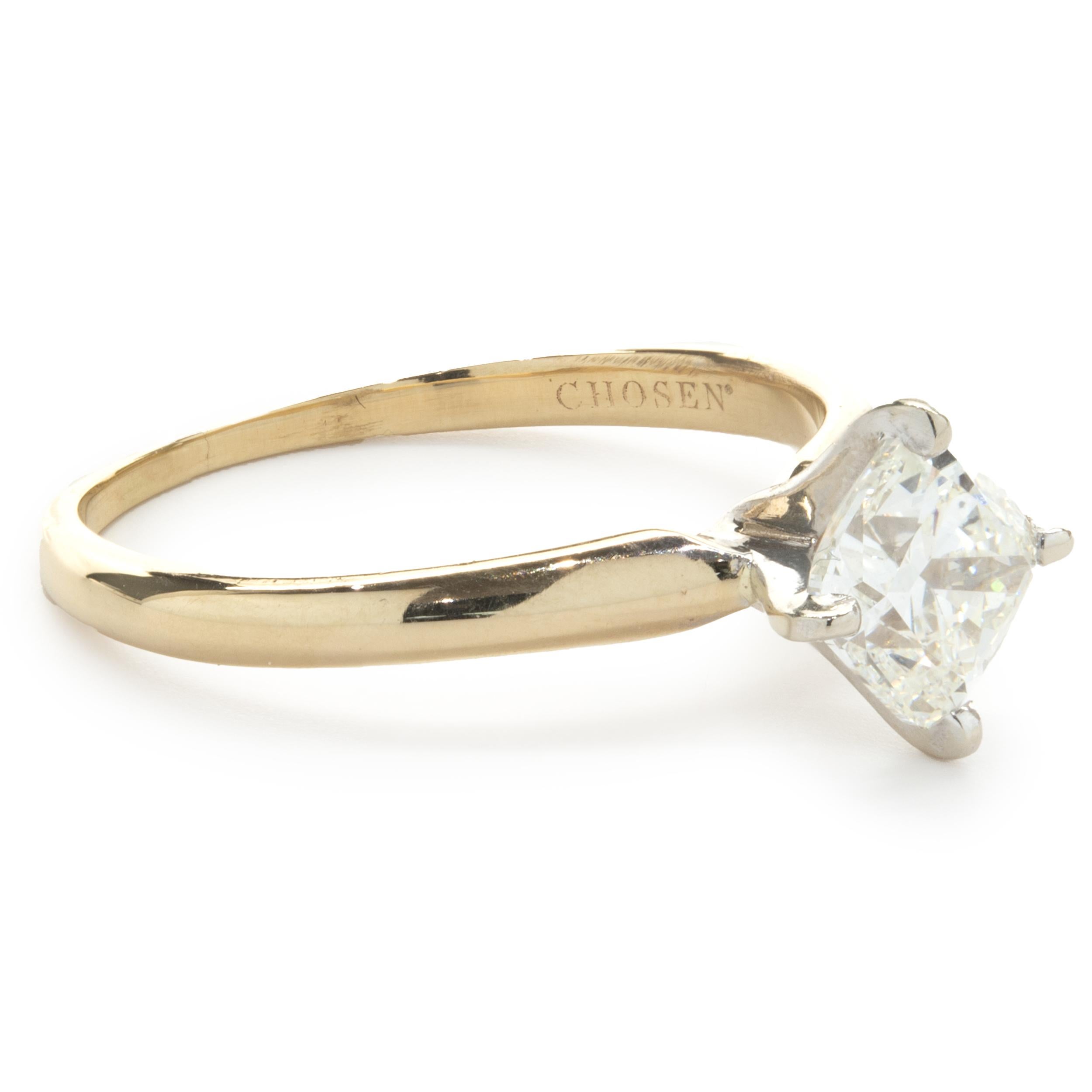 Designer: custom
Material: 14K yellow gold
Diamond: 1 cushion cut = 0.94cttw
Color: I
Clarity: SI1
Ring Size: 6.75 (please allow up to 2 additional business days for sizing requests)
Dimensions: ring top measures 8.18mm wide
Weight: 2.28 grams
