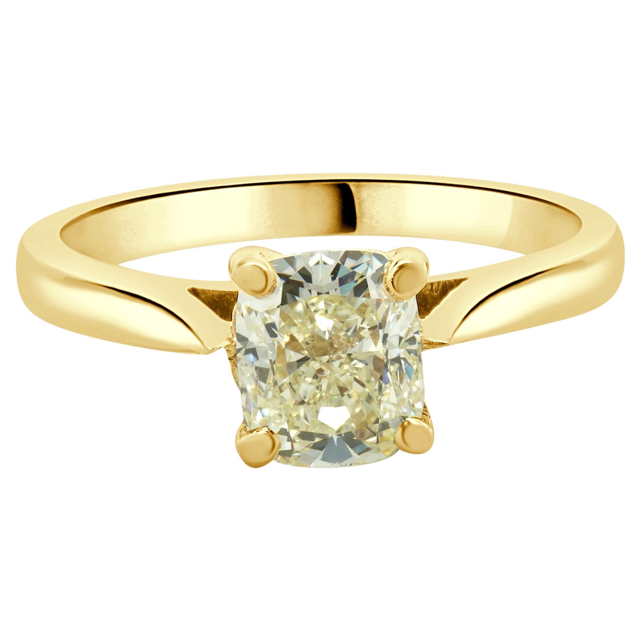 14 Karat Yellow Gold Cushion Cut Diamond Engagement Ring For Sale