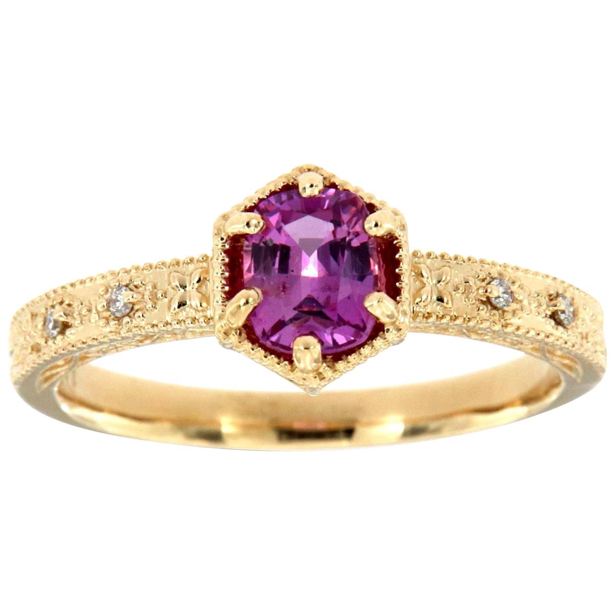 14 Karat Yellow Gold Cushion Pink Sapphire Vintage Diamond Ring Center-3/4 Carat