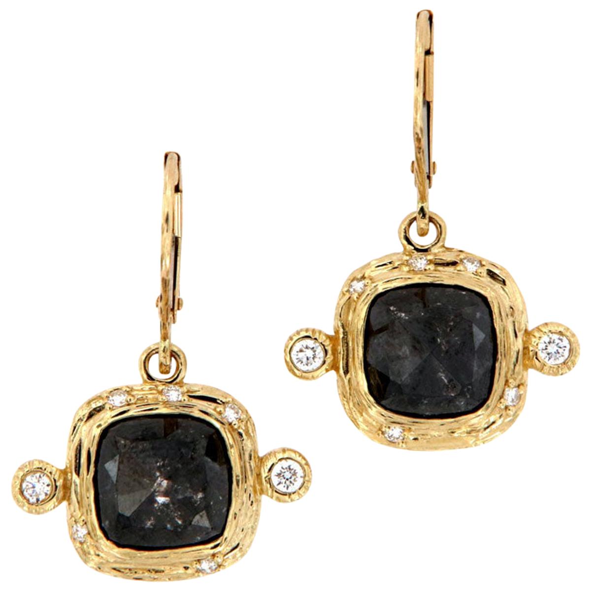 14 Karat Yellow Gold Cushion Salt & Pepper Diamond Dangling Earrings 6.43 Carat For Sale