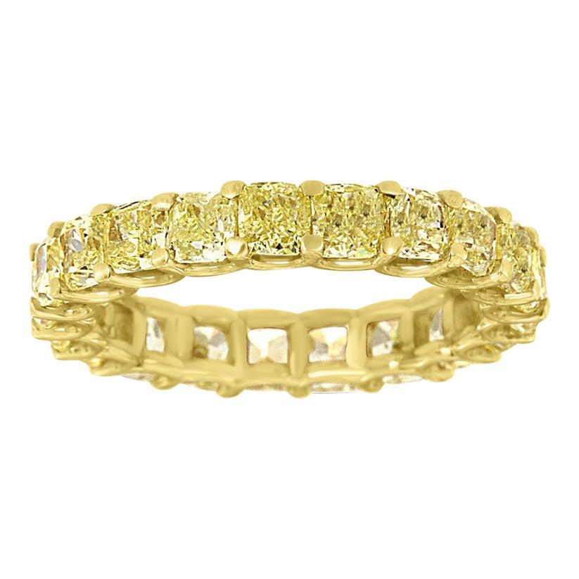 Bague d'éternité en or jaune 14 carats avec diamants jaunes taille coussin de 3 1/2 carats