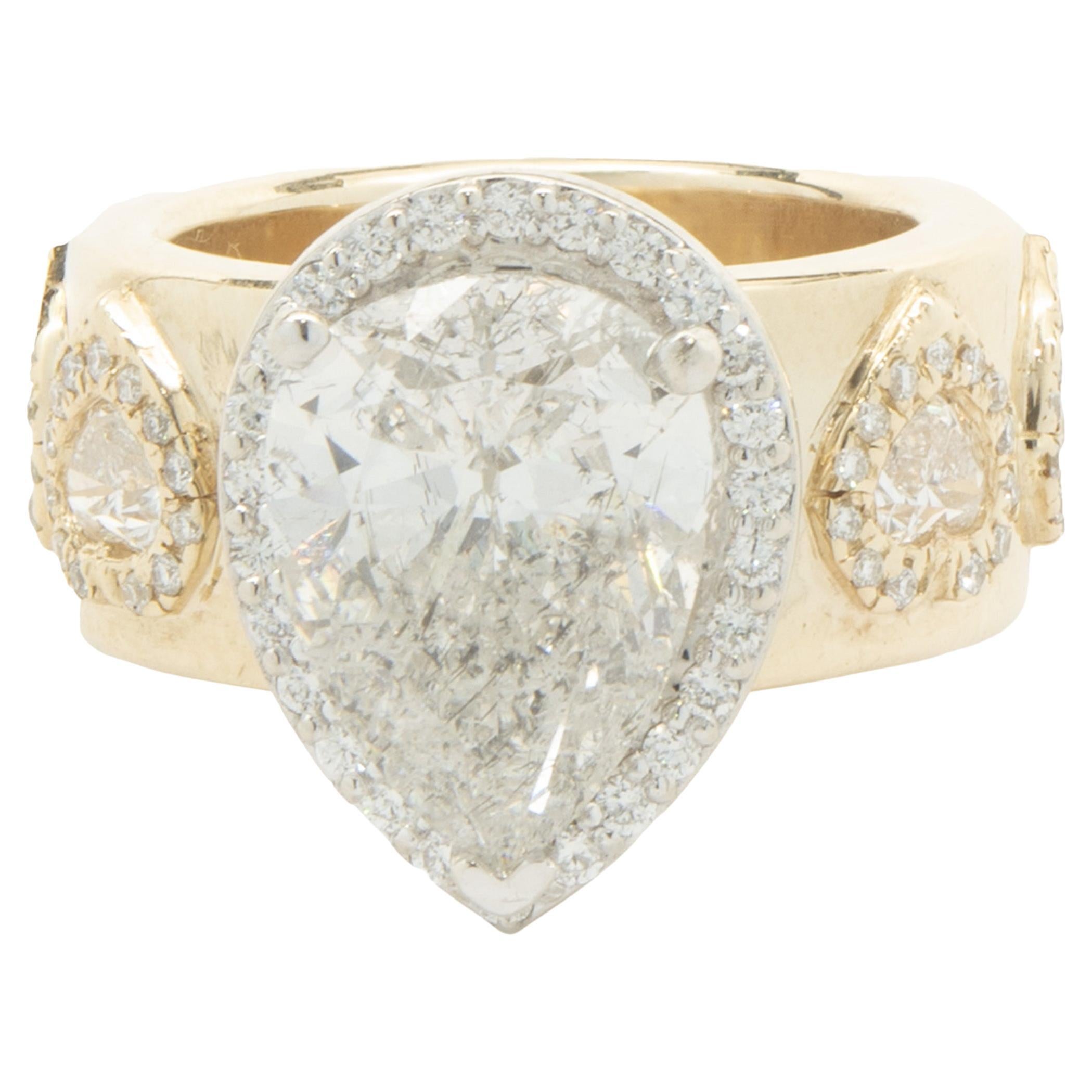 14 Karat Yellow Gold Custom Designed Pear Cut Diamond Engagement Ring For Sale