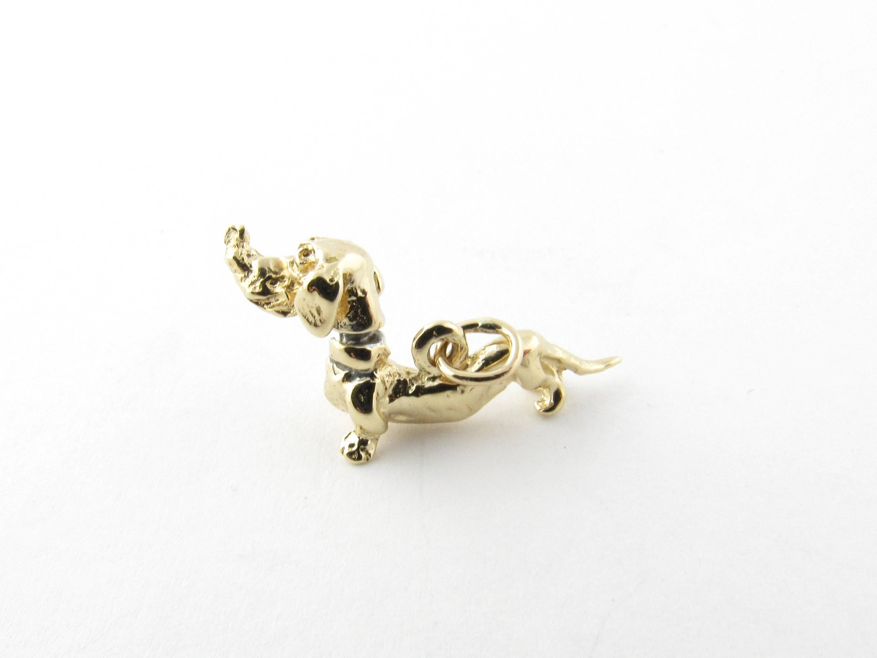 Vintage 14 Karat Yellow Gold Dachshund Charm-

This adorable 3D charm captures the adorable dachshund's personality in beautifully detailed 14K yellow gold.

Size: 11 mm x 23 mm

Weight: 1.8 dwt. / 2.9 gr.

Hallmark: Acid tested for 14K gold.

Very