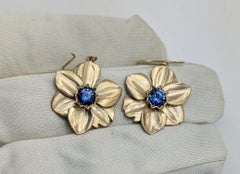 14 Karat Yellow Gold Daffodil Earrings with Blue Sapphires