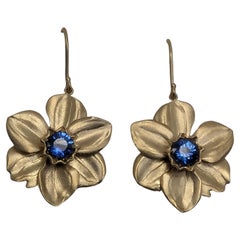 14 Karat Yellow Gold Daffodil Earrings with Blue Sapphires