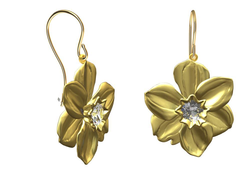 14 Karat Yellow Gold Daffodil Earrings with GIA Diamonds , Tiffany designer , Thomas Kurilla sculpted these from the latest gardens of New York City. Don't let the Covid 19 virus stop you from seeing beauty everywhere.  Sculpture is my passion and