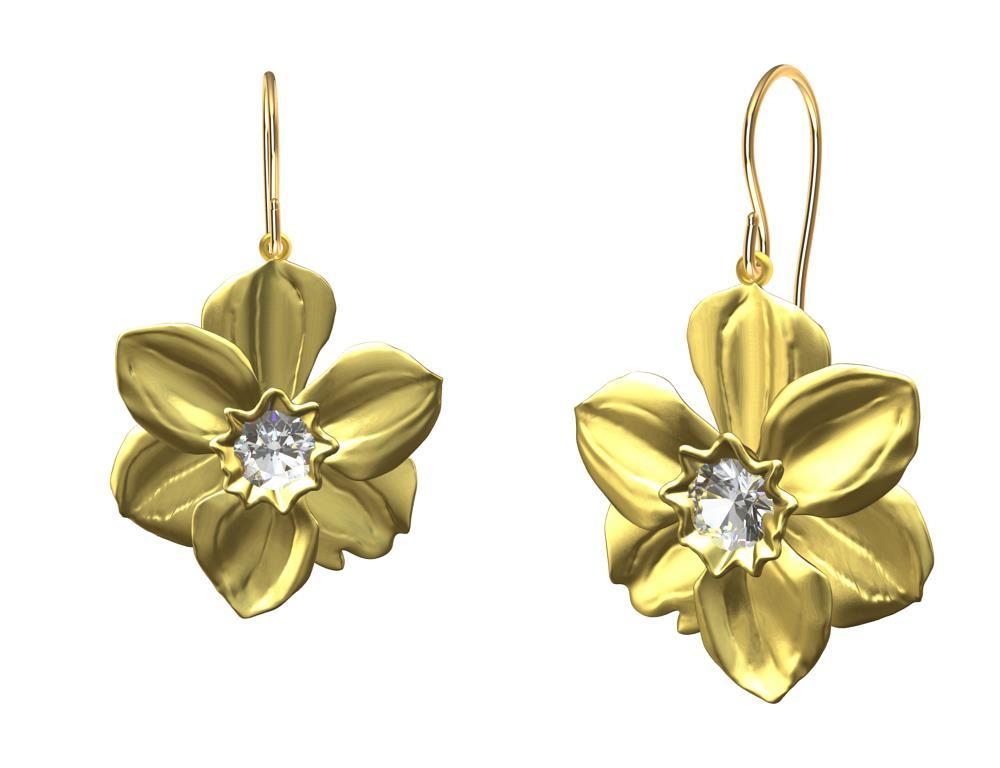 Contemporary 14 Karat Yellow Gold Daffodil Diamond Earrings with 1.0 Carat  For Sale