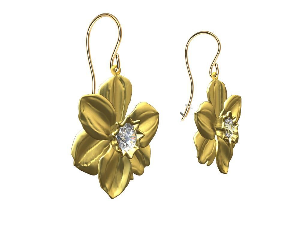 Round Cut 14 Karat Yellow Gold Daffodil Diamond Earrings with 1.0 Carat  For Sale