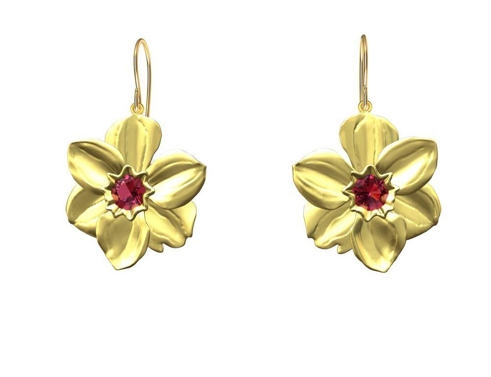 14 Karat Yellow Gold Daffodil Earrings with Pink Sapphires , Tiffany designer , Thomas Kurilla sculpted these from the latest gardens of New York City. Don't let the Covid 19 virus stop you from seeing beauty everywhere.  Sculpture is my passion and