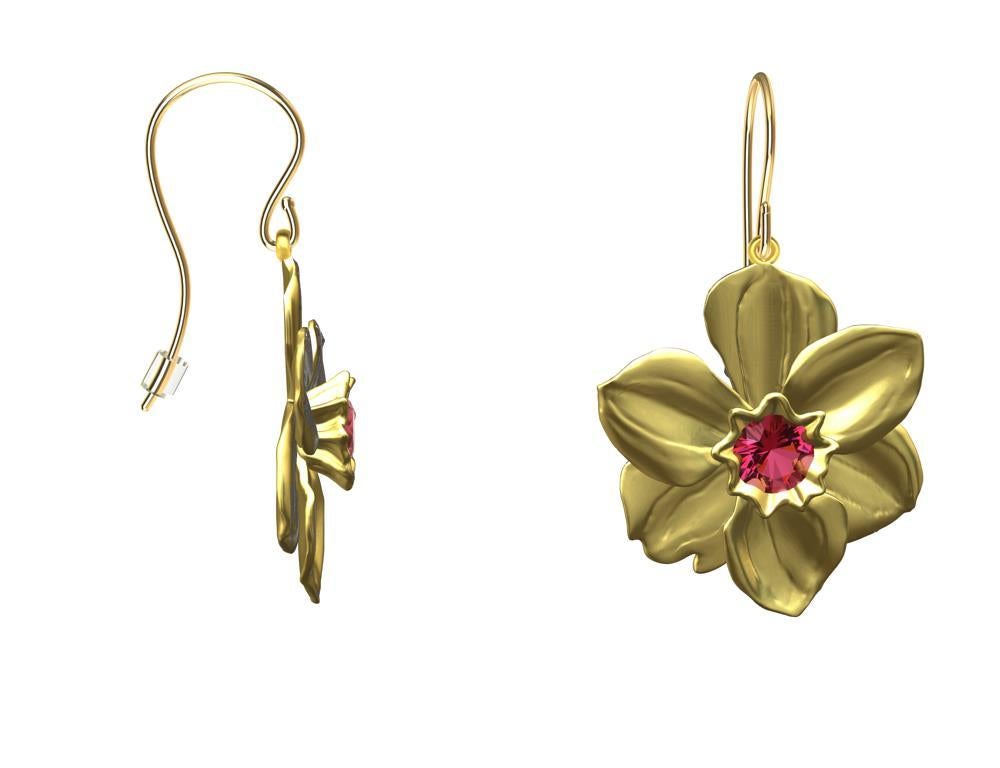 Contemporary 14 Karat Yellow Gold Daffodil Earrings with Pink Sapphires For Sale