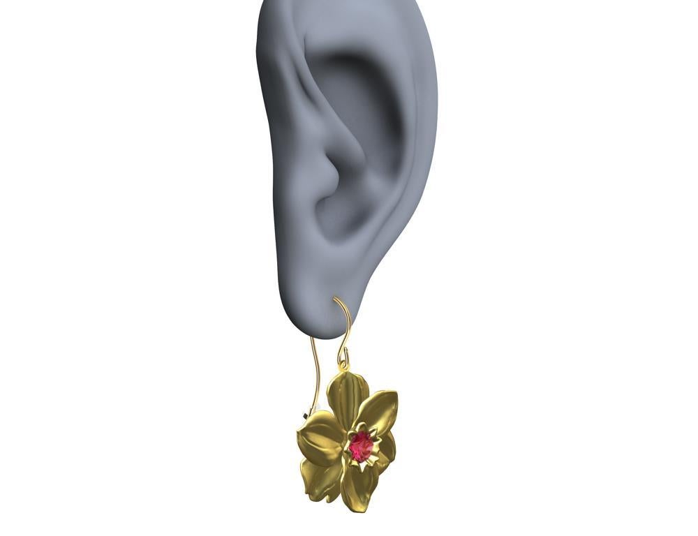 Round Cut 14 Karat Yellow Gold Daffodil Earrings with Pink Sapphires For Sale