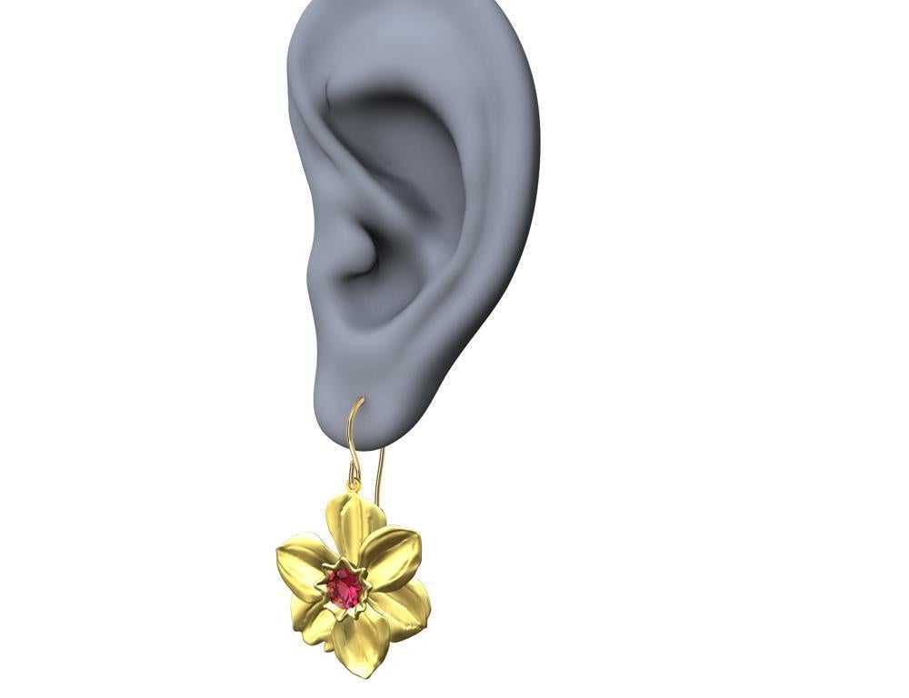Women's 14 Karat Yellow Gold Daffodil Earrings with Pink Sapphires For Sale