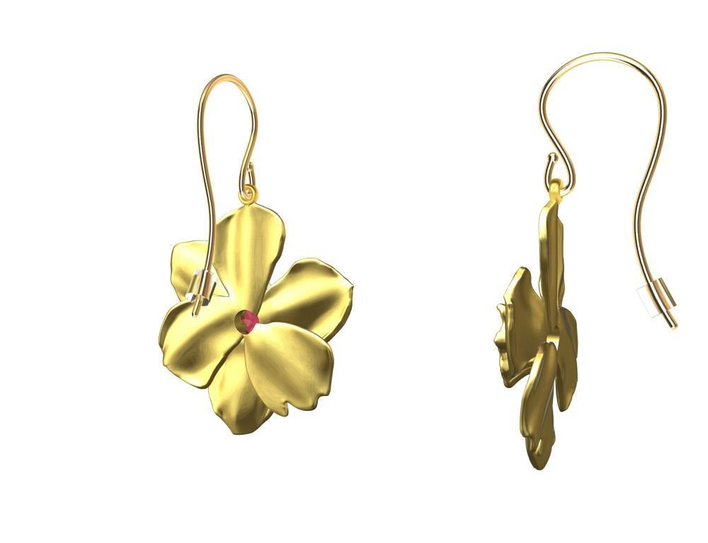 14 Karat Yellow Gold Daffodil Earrings with Pink Sapphires For Sale 1