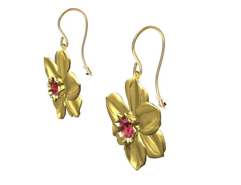 14 Karat Yellow Gold Daffodil Earrings with Pink Sapphires For Sale 2