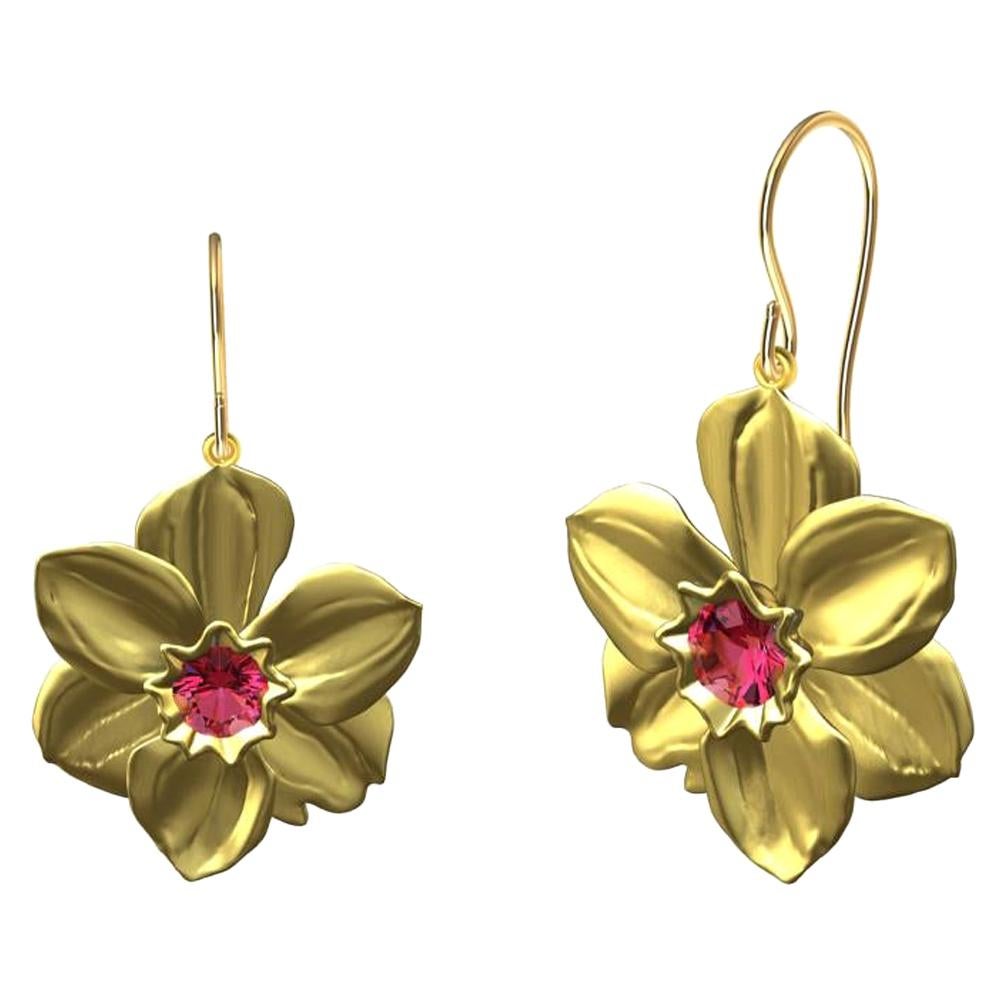 14 Karat Yellow Gold Daffodil Earrings with Pink Sapphires