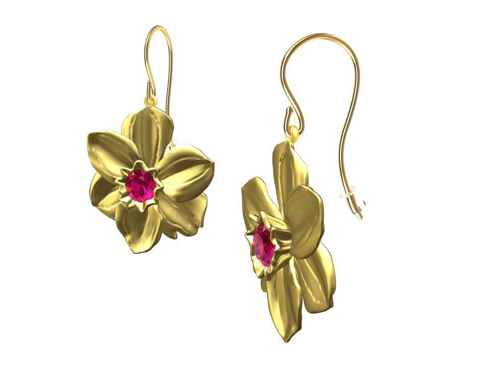14 Karat Yellow Gold Daffodil Earrings with Rubies, Tiffany designer , Thomas Kurilla sculpted these from the latest gardens of New York City. Beauty is everywhere. The flowers are still blooming. Sculpture is my passion and flowers are great fun to