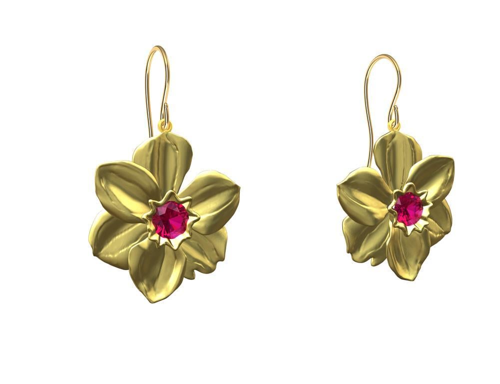 Contemporary 14 Karat Yellow Gold Daffodil Earrings with Rubies For Sale