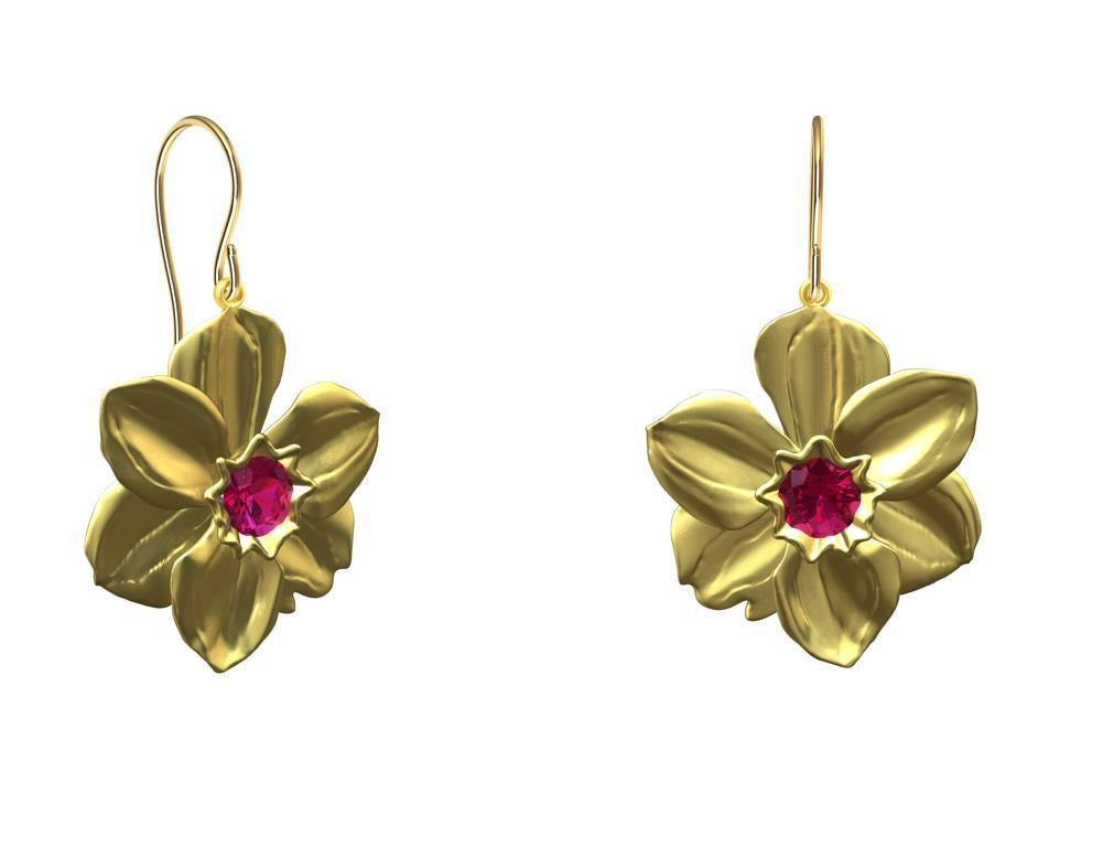 14 Karat Yellow Gold Daffodil Earrings with Rubies In New Condition For Sale In New York, NY