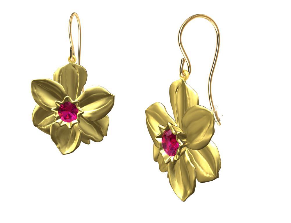 Women's 14 Karat Yellow Gold Daffodil Earrings with Rubies For Sale