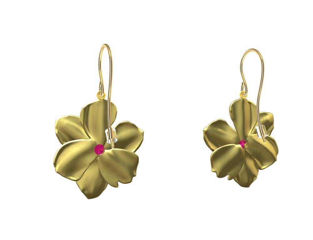 14 Karat Yellow Gold Daffodil Earrings with Rubies For Sale 1