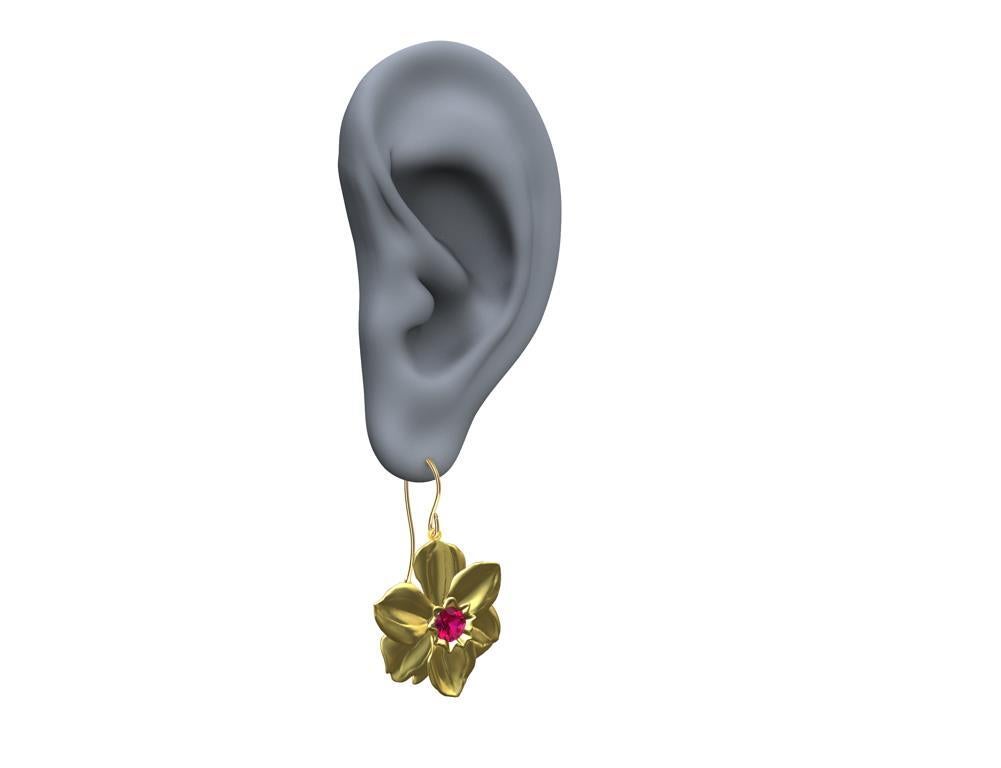 14 Karat Yellow Gold Daffodil Earrings with Rubies 2