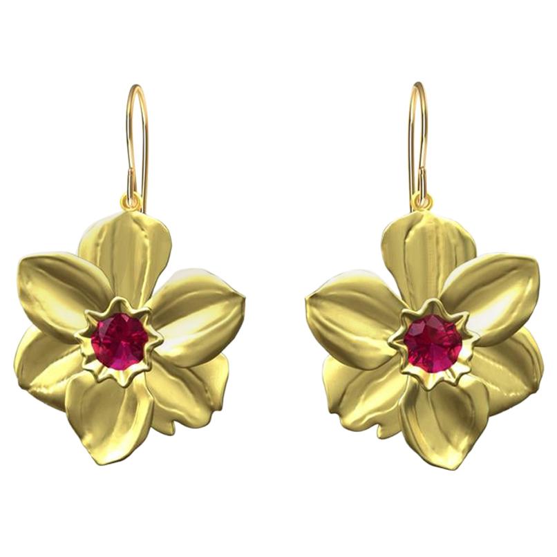 14 Karat Yellow Gold Daffodil Earrings with Rubies For Sale