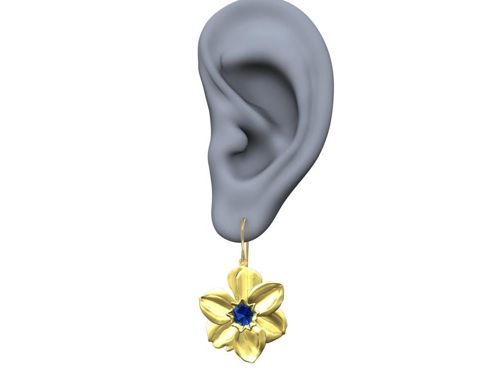 14 Karat Yellow Gold Daffodil Earrings with Blue Sapphires For Sale 1