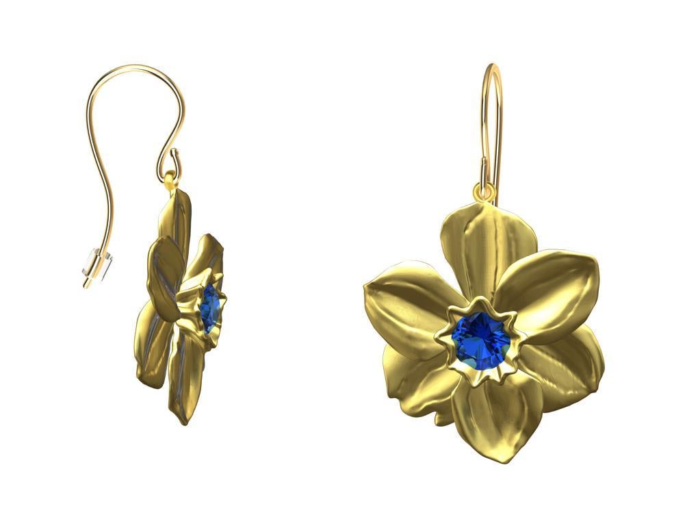 14 Karat Yellow Gold Daffodil Earrings with Blue Sapphires In New Condition For Sale In New York, NY