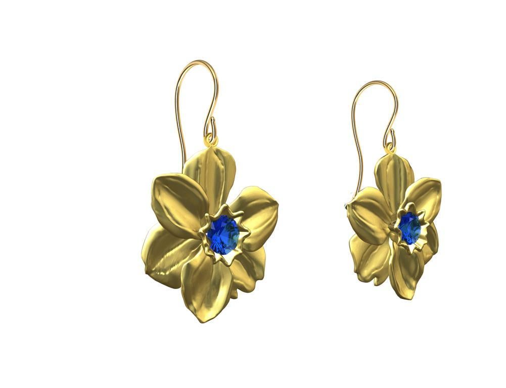 Contemporary 14 Karat Yellow Gold Daffodil Earrings with Blue Sapphires For Sale