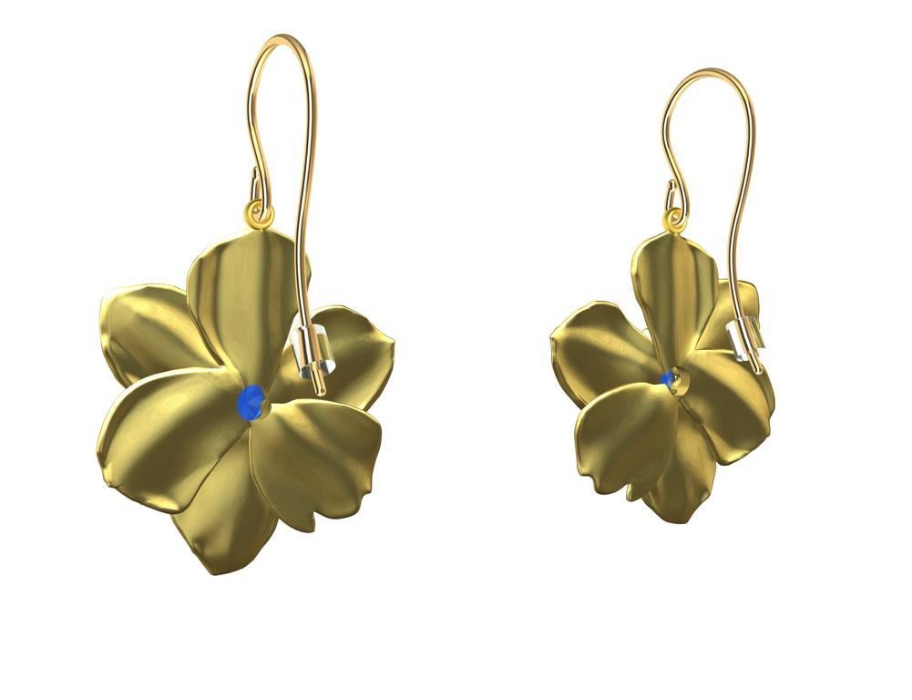 Women's 14 Karat Yellow Gold Daffodil Earrings with Blue Sapphires For Sale