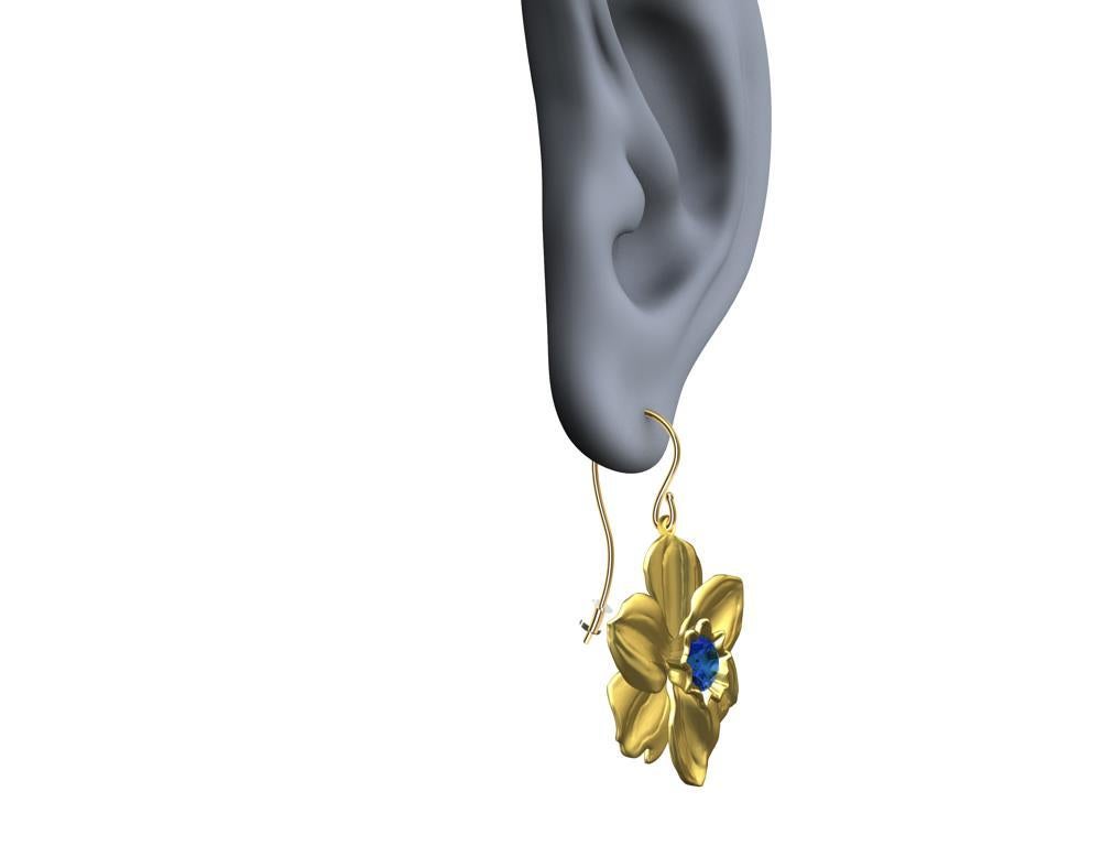 14 Karat Yellow Gold Daffodil Earrings with Blue Sapphires For Sale 1