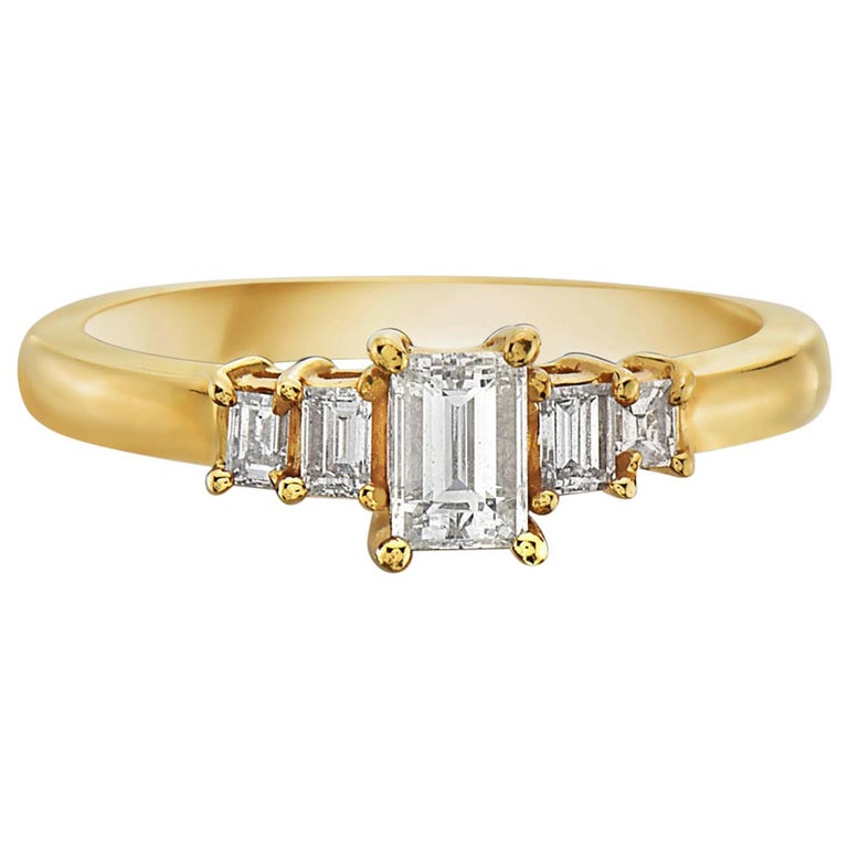 14 Karat Yellow Gold Dainty 5-Stone Emerald Cut Engagement Ring For Sale