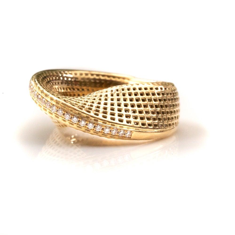 For Sale:  14 Karat Yellow Gold Diamond Dainty Slim Mobius Ring 8