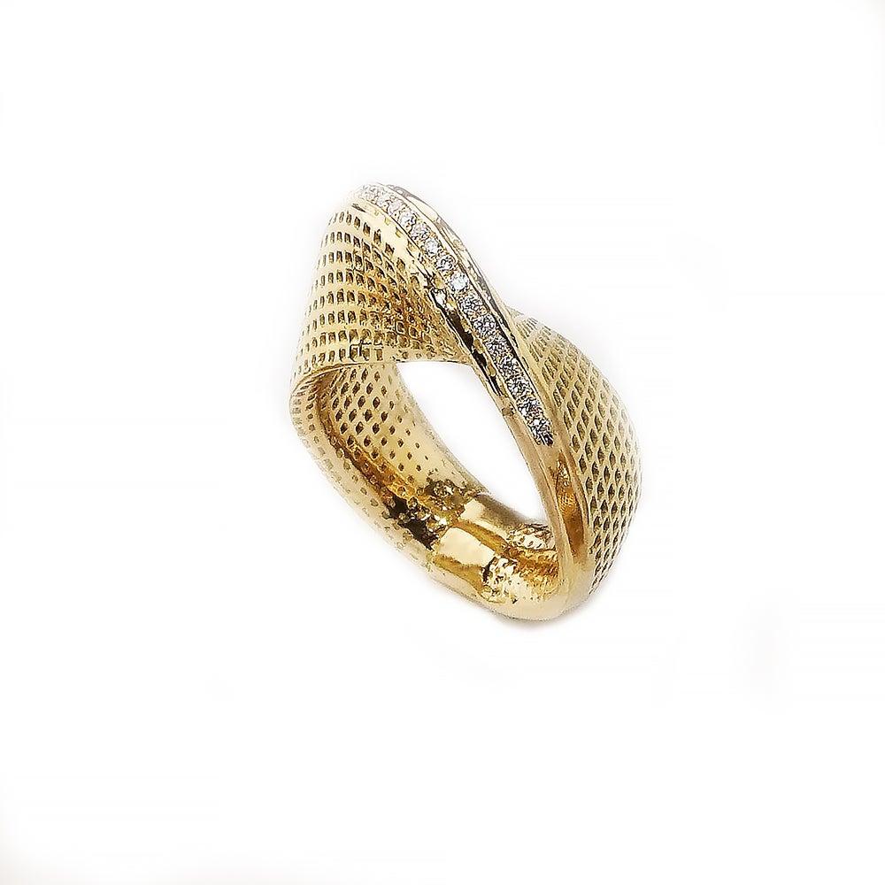 For Sale:  14 Karat Yellow Gold Diamond Dainty Slim Mobius Ring 9