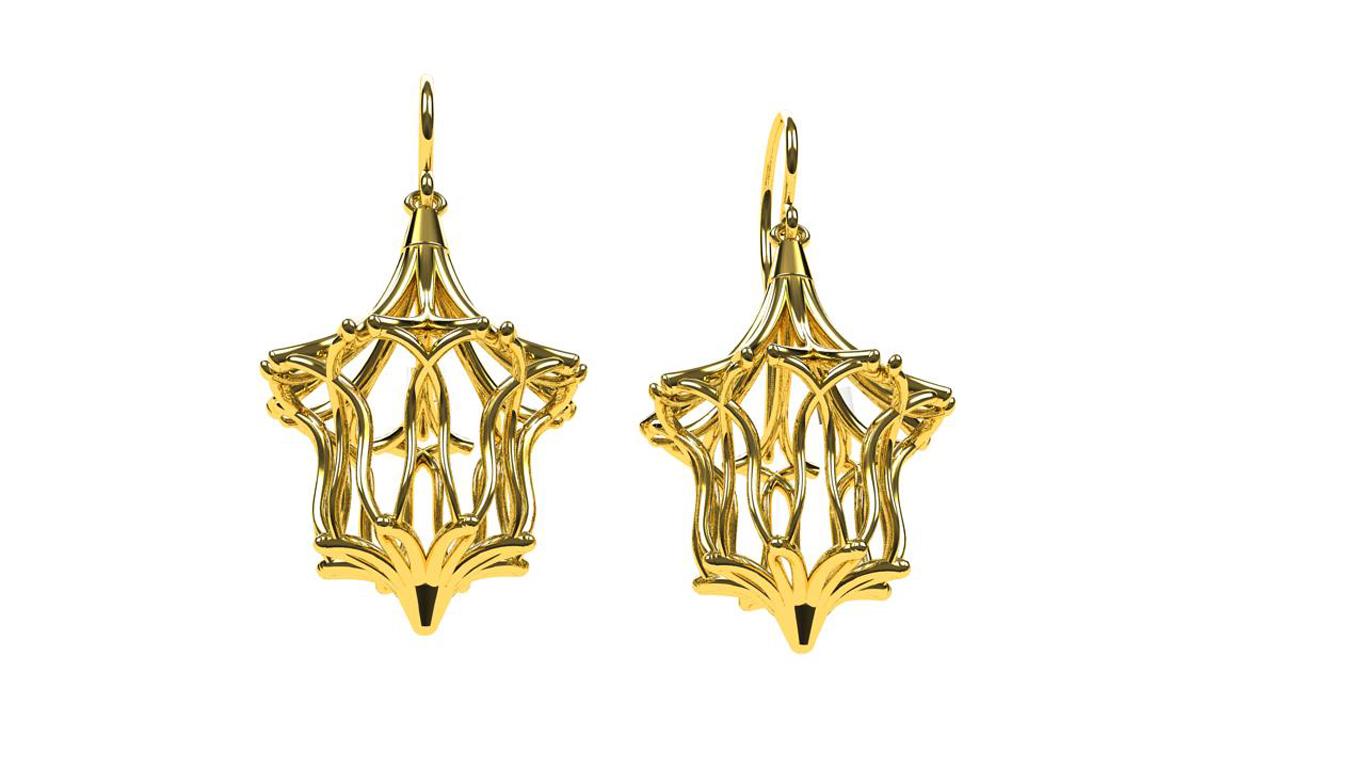 Série de boucles d'oreilles dentelle Arabesque : Ces boucles d'oreilles pendantes en or jaune 14 carats sont le fruit d'un certain nombre d'inspirations. J'utilise mes idées sculpturales avec des motifs moirés, 3 dimensions, de la dentelle et de la