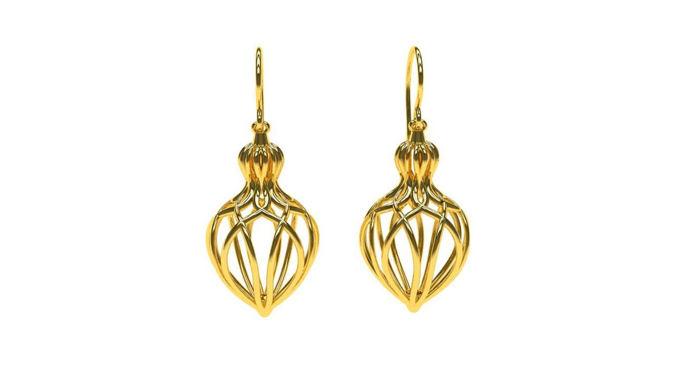 14 Karat Yellow Gold Dangle Earrings, Arabesque Lace Earrings Series: Tiffany designer , Thomas kurilla  Created these earrings from a number of inspirations. A modern twist no pun intended .Using my sculptural ideas with moire patterns, 3