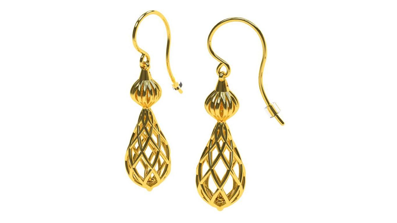 14 Karat Yellow Gold Dangle Earrings ; Arabesque Lace Earrings Series: These 14 karat yellow gold earrings came from a number of inspirations. A modern twist for an old design inspiration. Using my sculptural ideas with moire patterns, 3 dimensions,