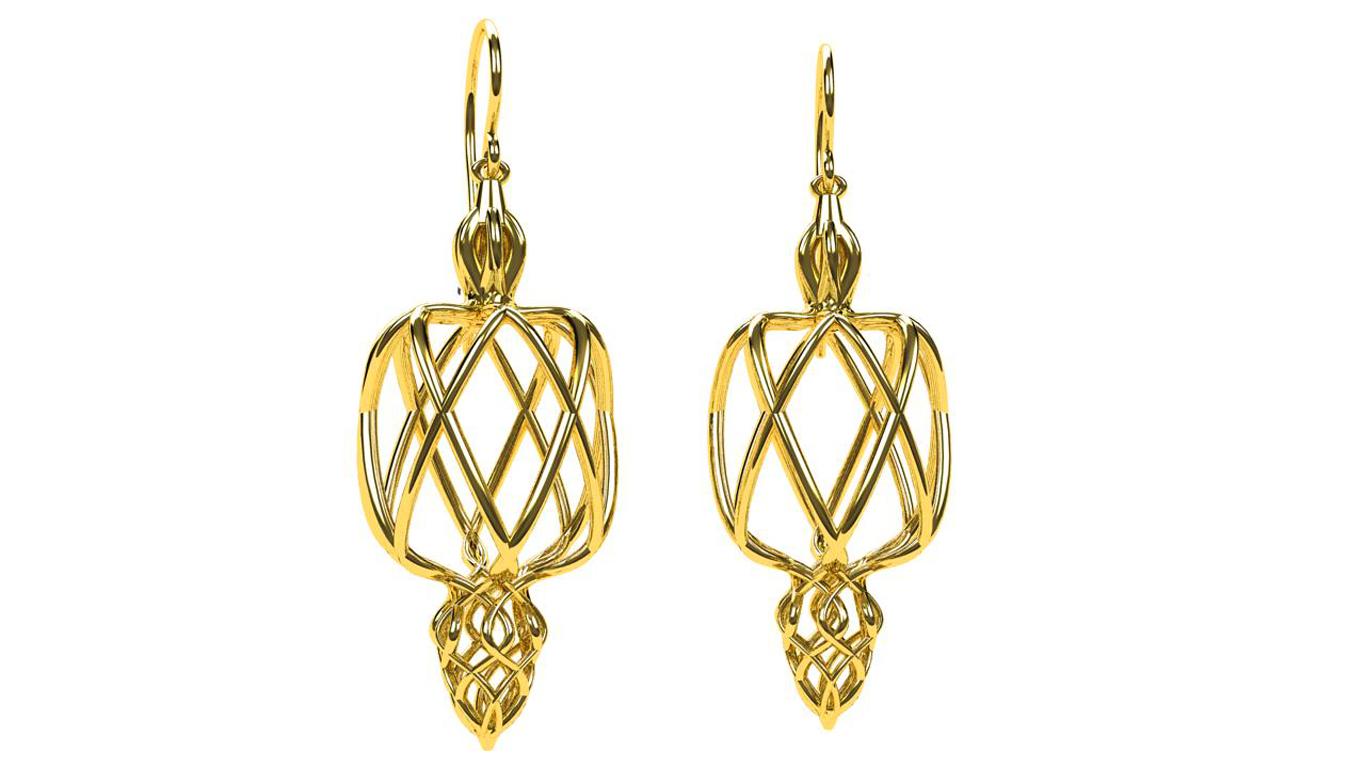 Arabesque Lace Earrings Series: These 14 karat yellow gold dangle earrings came from a number of inspirations. Using my sculptural ideas with moire patterns, 3 dimensions, lace, and Arabic geometry.  Each becomes a little sculpture for the ears. 