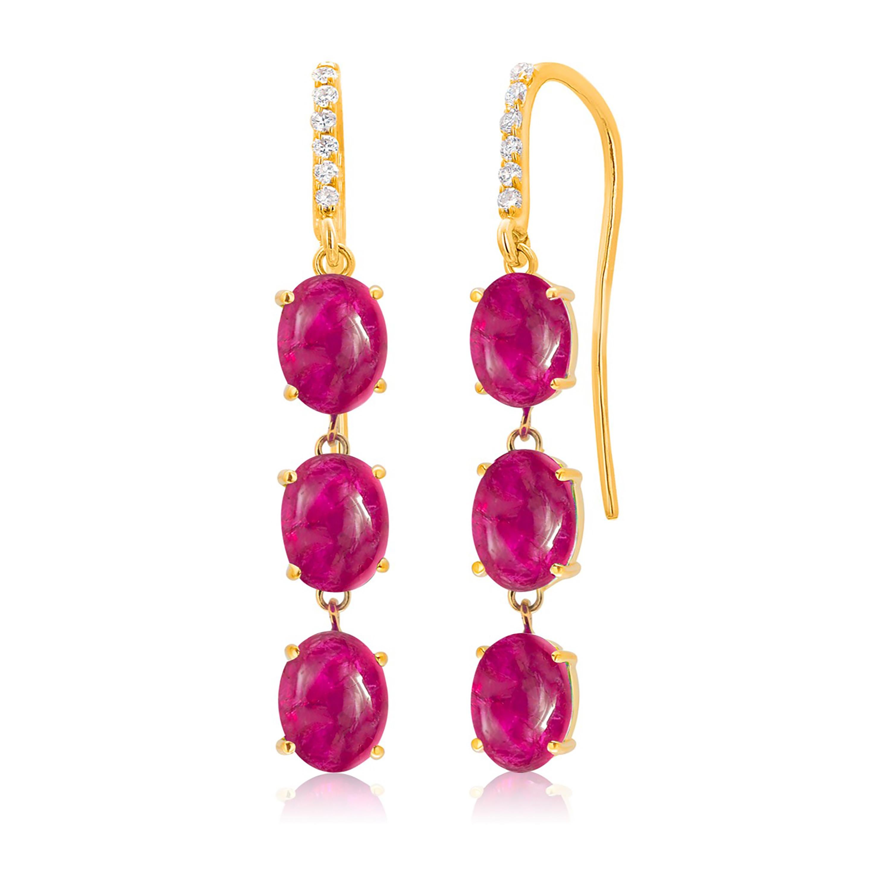 14 Karat Yellow Gold Dangle Earrings with Cabochon Rubies and Diamond Hoops 1