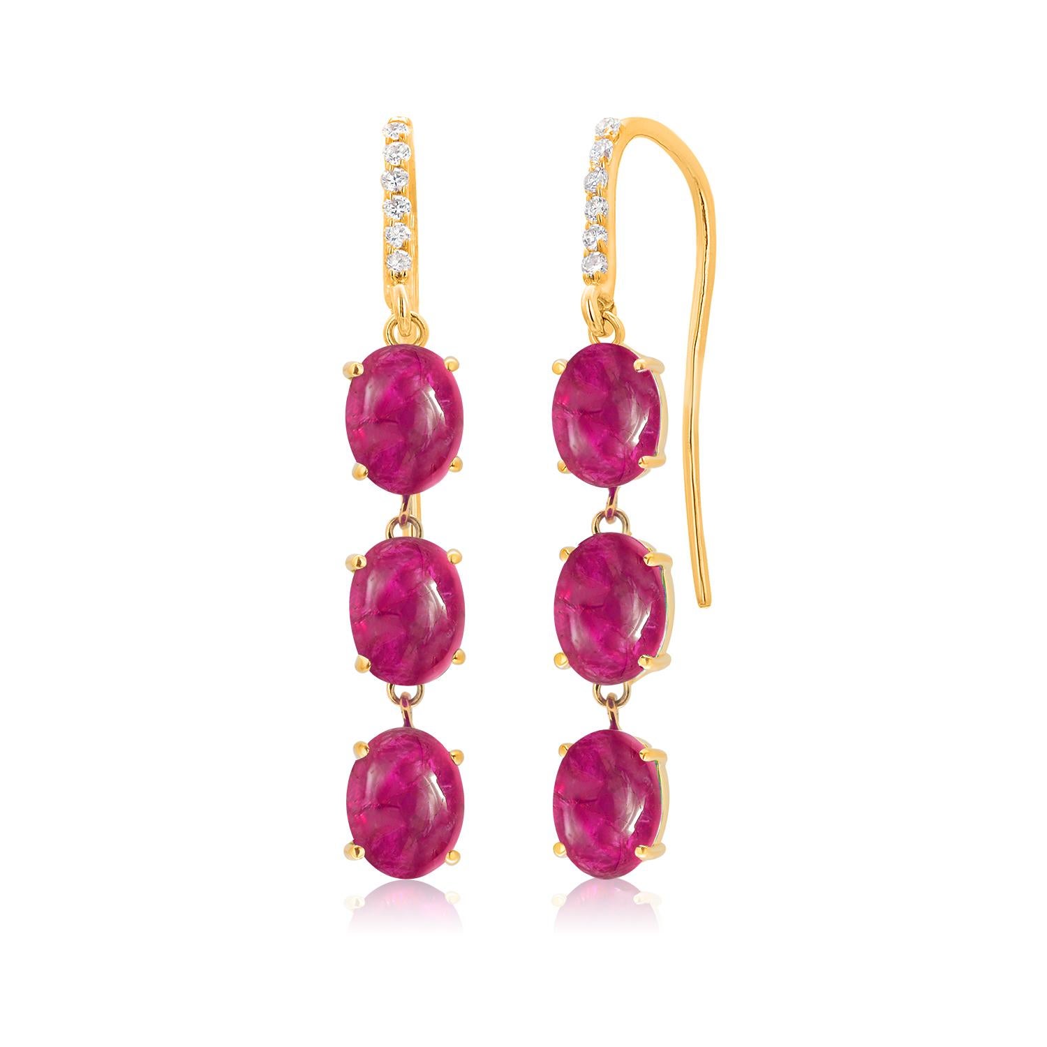 14 Karat Yellow Gold Dangle Earrings with Cabochon Rubies and Diamond Hoops 4