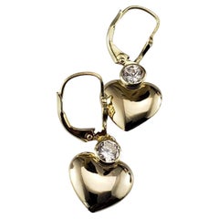 14 Karat Yellow Gold Dangle Puffy Heart Earrings #19046