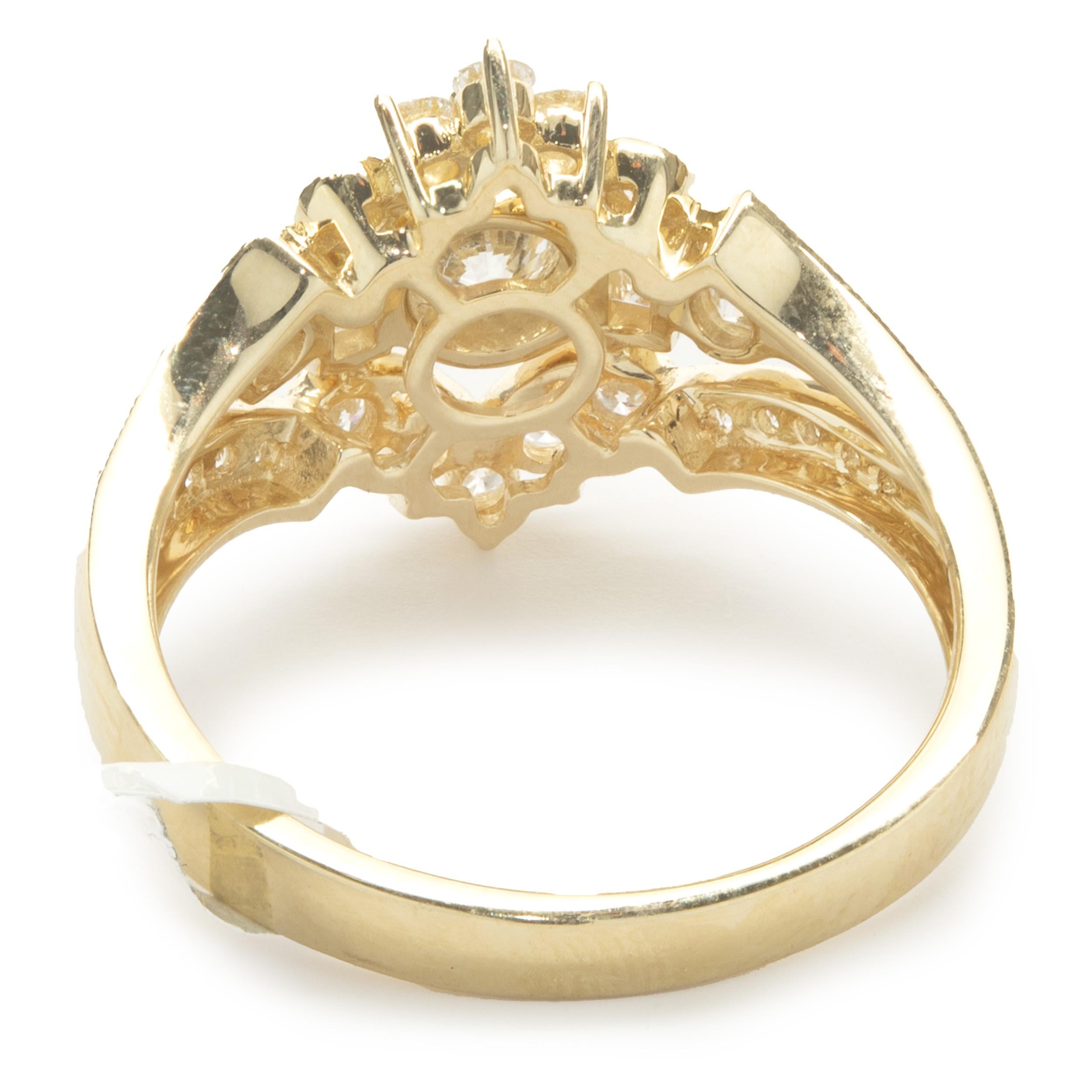Baguette Cut 14 Karat Yellow Gold Deco Style Diamond Ring For Sale
