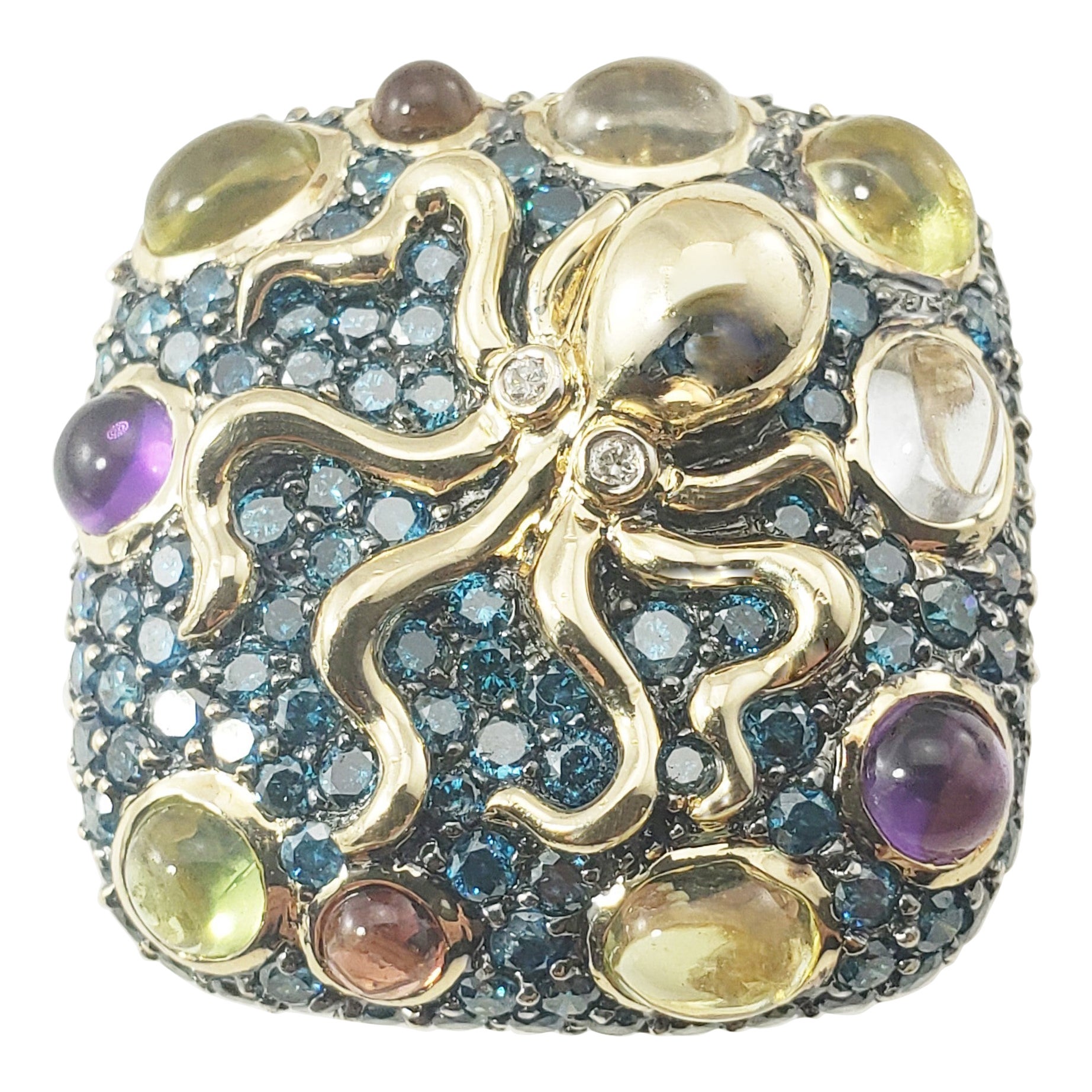 14 Karat Yellow Gold Diamond, Amethyst, Peridot and Garnet Octopus Ring